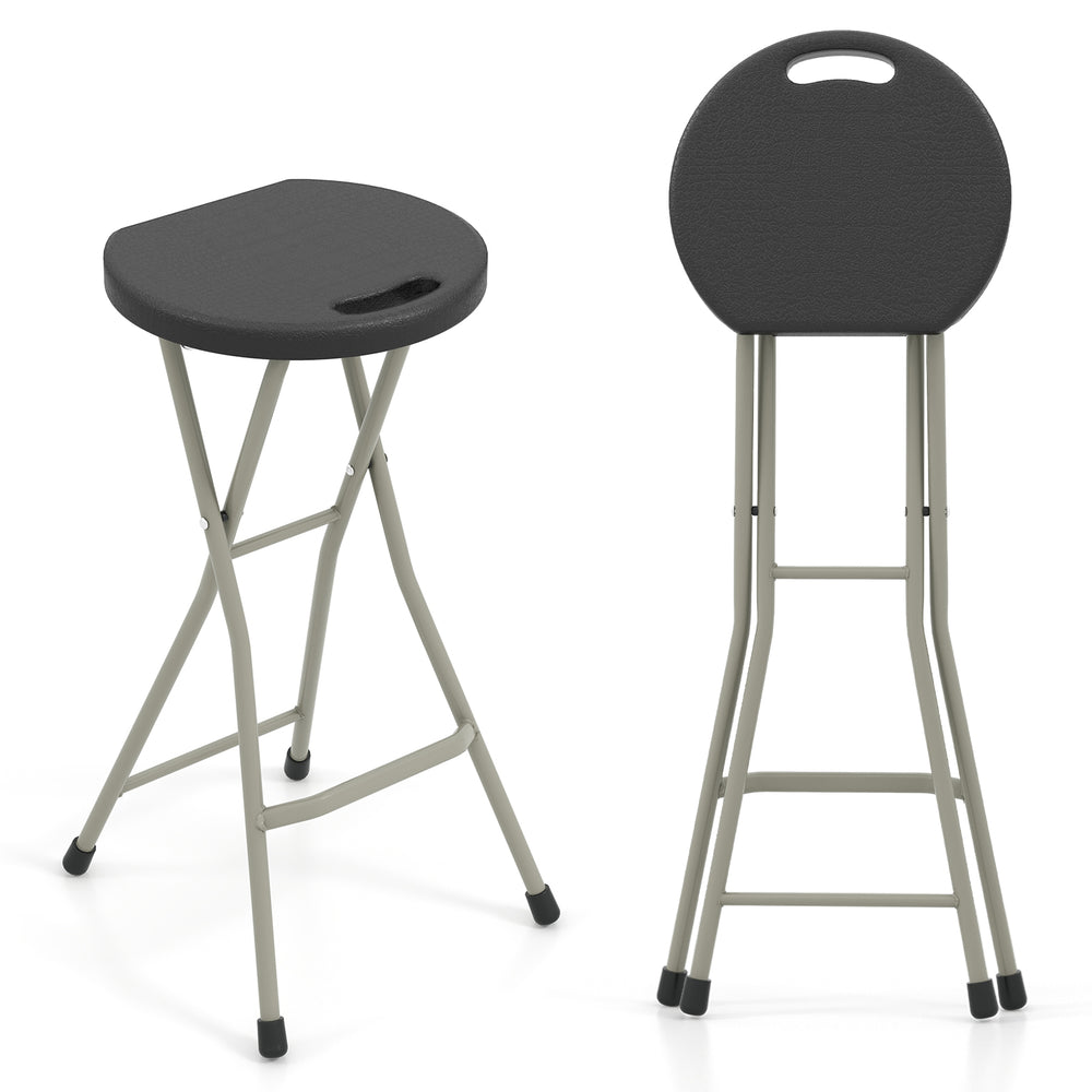 Portable folding stool with a 28-inch height, sturdy steel frame, and weather-resistant HDPE material for outdoor use.