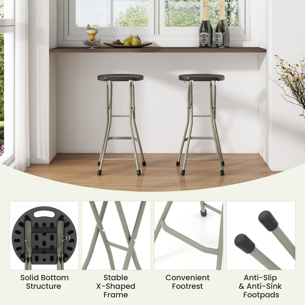 28-inch portable folding stools with a sturdy steel frame, featuring a wide seat and anti-slip footpads for stability.
