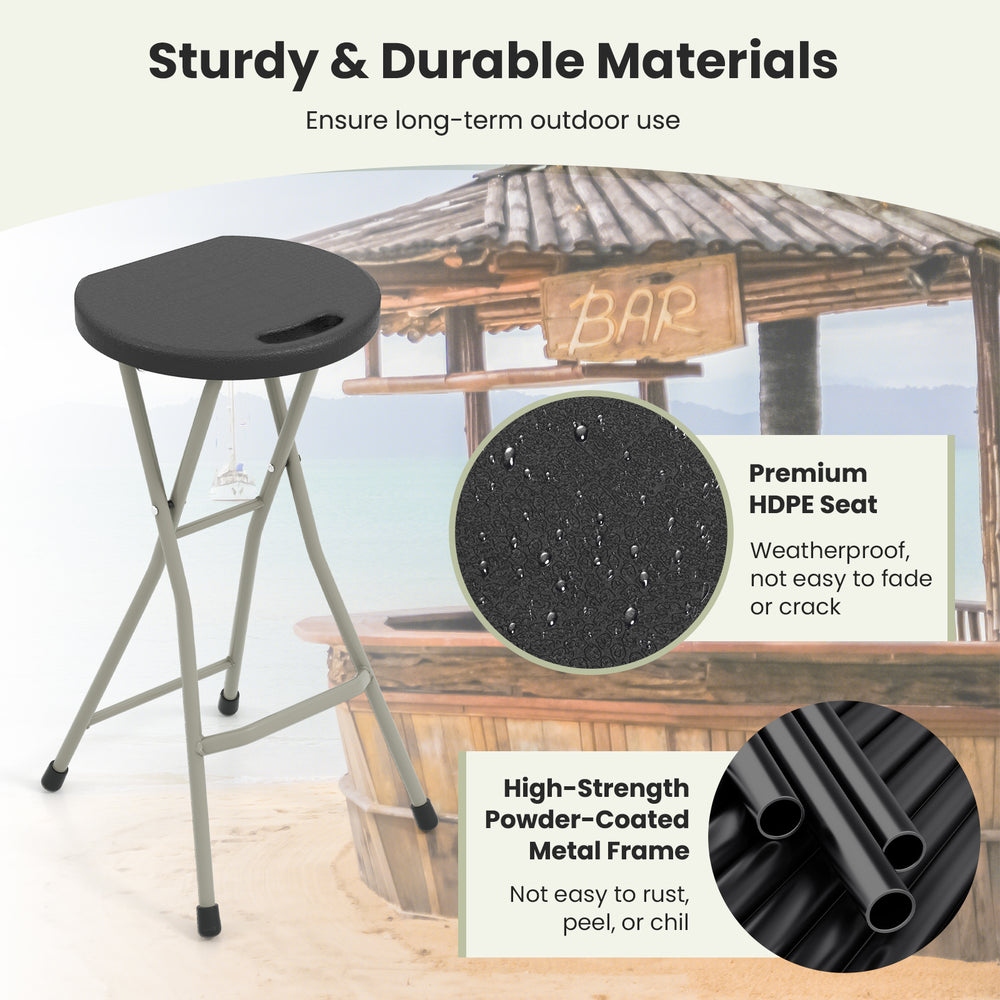 28-inch portable folding stool with a weatherproof HDPE seat and sturdy steel frame, ideal for camping and outdoor use.
