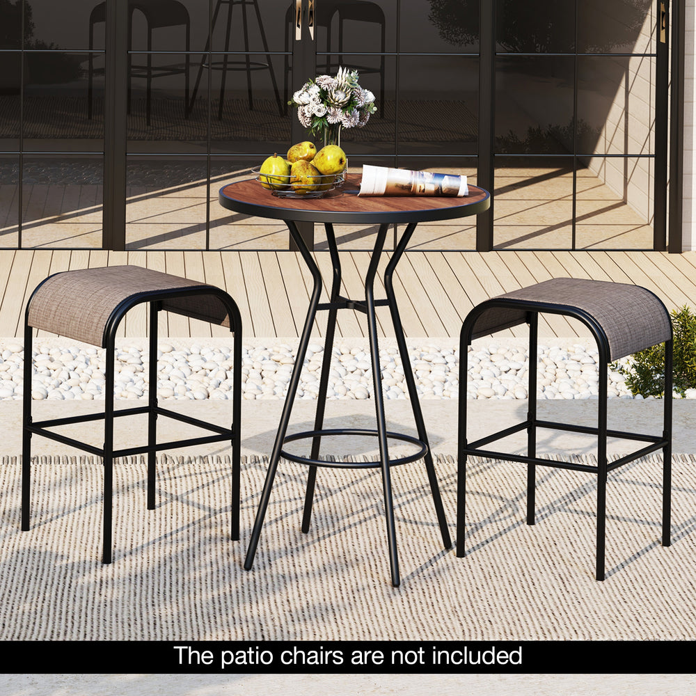 28-inch outdoor bar table with wood-like tabletop and metal legs, ideal for backyard garden gatherings.