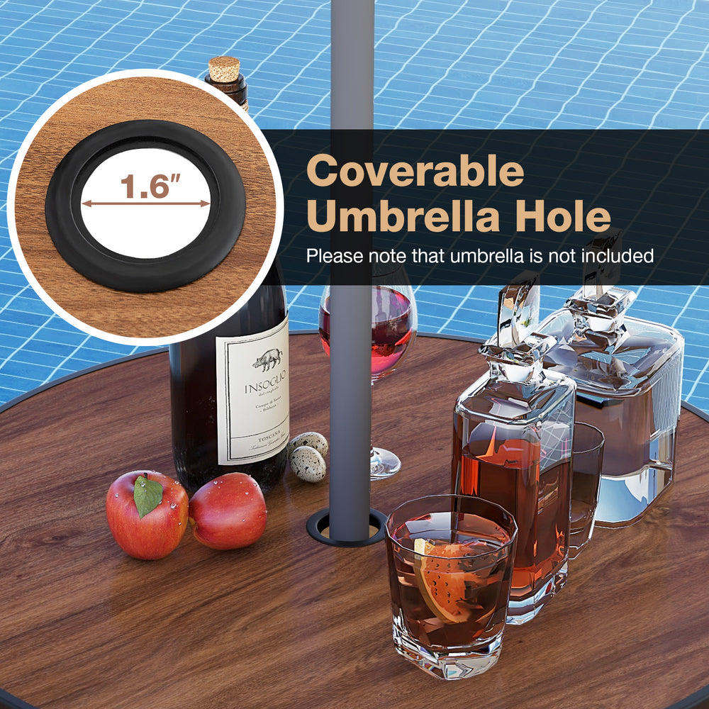 Coverable umbrella hole on the 28-inch outdoor bar table with wood-like tabletop, ideal for backyard garden use.