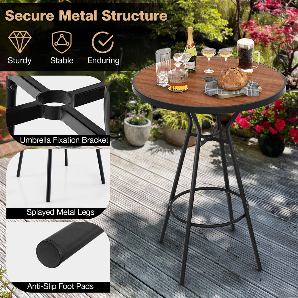 28-inch outdoor bar table with wood-like tabletop, sturdy metal structure, and umbrella hole for backyard gatherings.