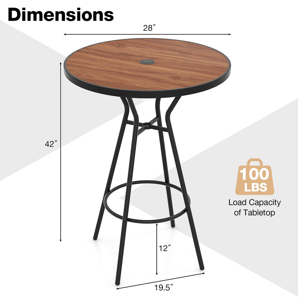 28-inch outdoor bar table with wood-like tabletop, metal legs, and umbrella hole, ideal for backyard garden use.