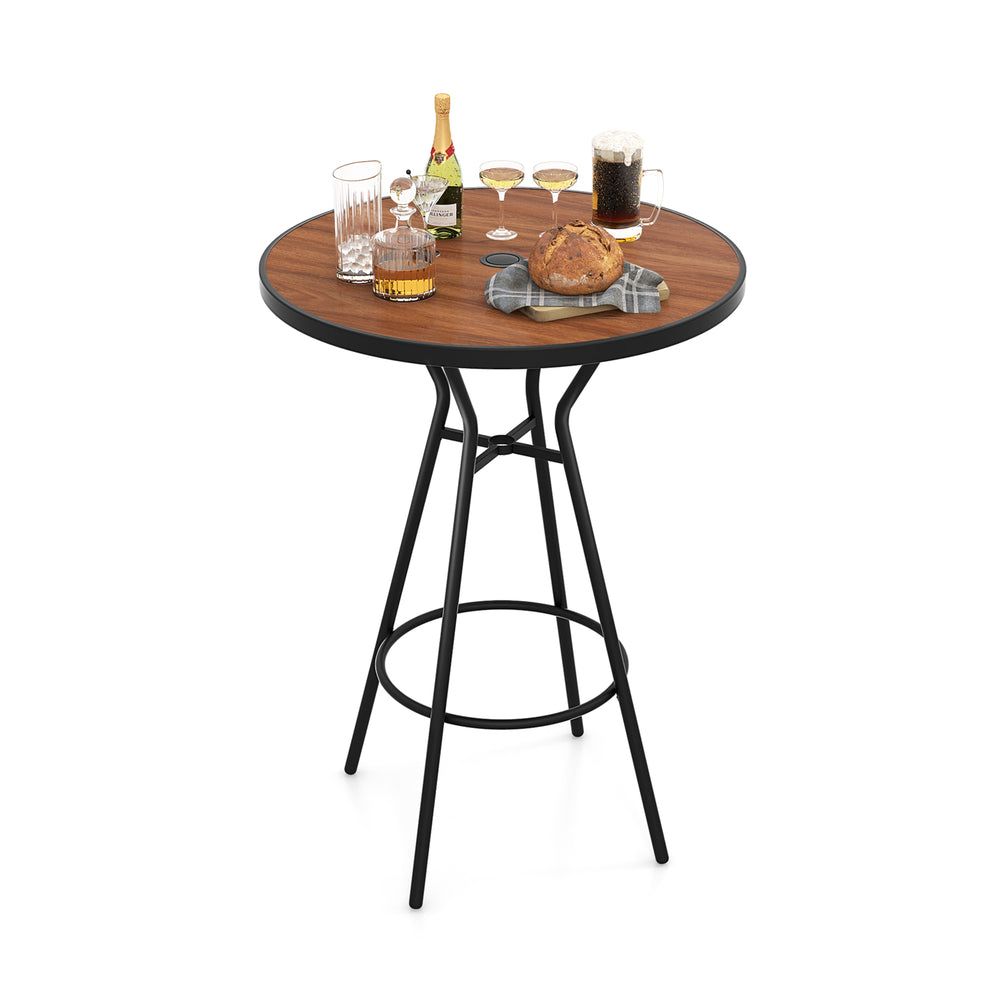 28-inch outdoor bar table with wood-like tabletop and sturdy metal legs, ideal for backyard garden gatherings.