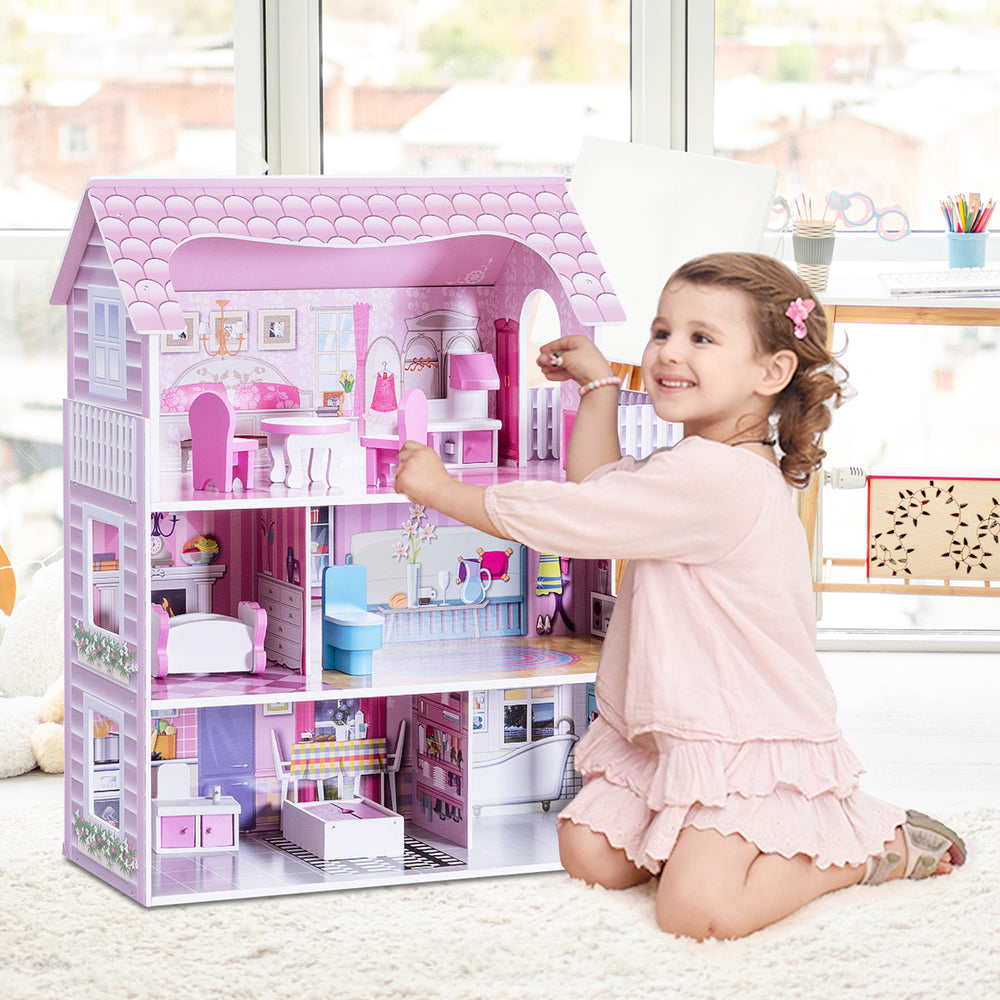 Colorful 28-inch pink dollhouse with furniture, featuring 5 rooms and a balcony, perfect for multiple children to play.