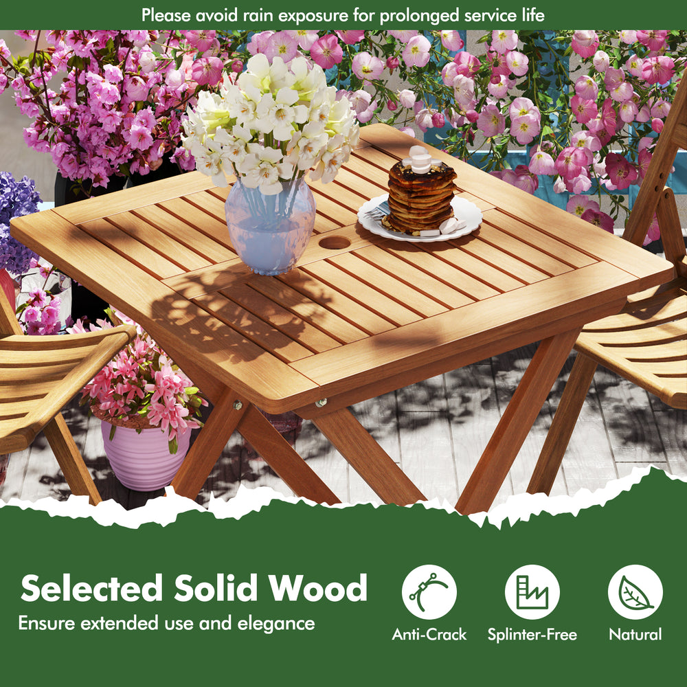 29.5-inch patio dining table in teak finish with umbrella hole, perfect for backyard and poolside relaxation.
