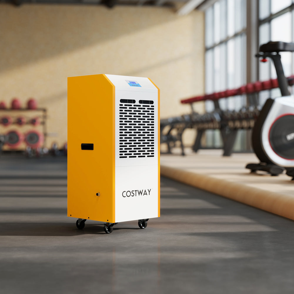 Yellow 290 pints commercial dehumidifier on wheels, ideal for gym use, featuring adjustable humidity settings and.