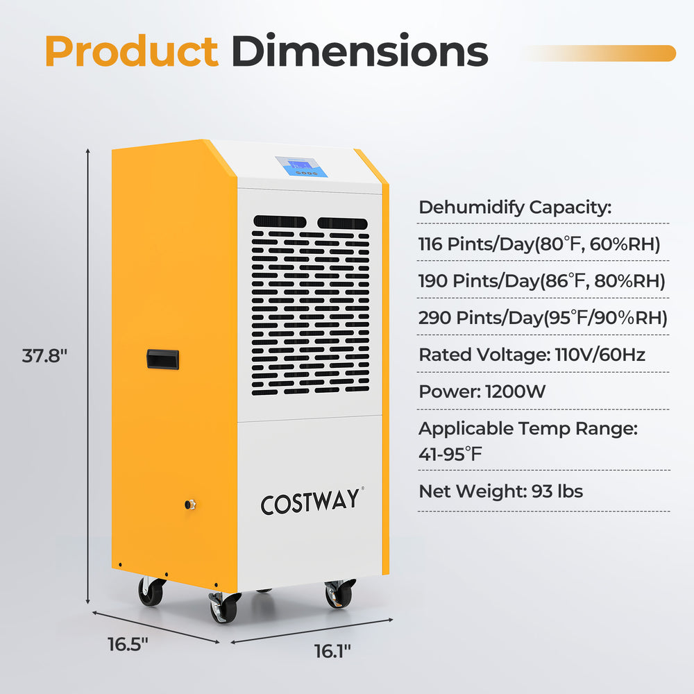 290 pints commercial dehumidifier in yellow with pump, designed for large spaces like basements and warehouses.