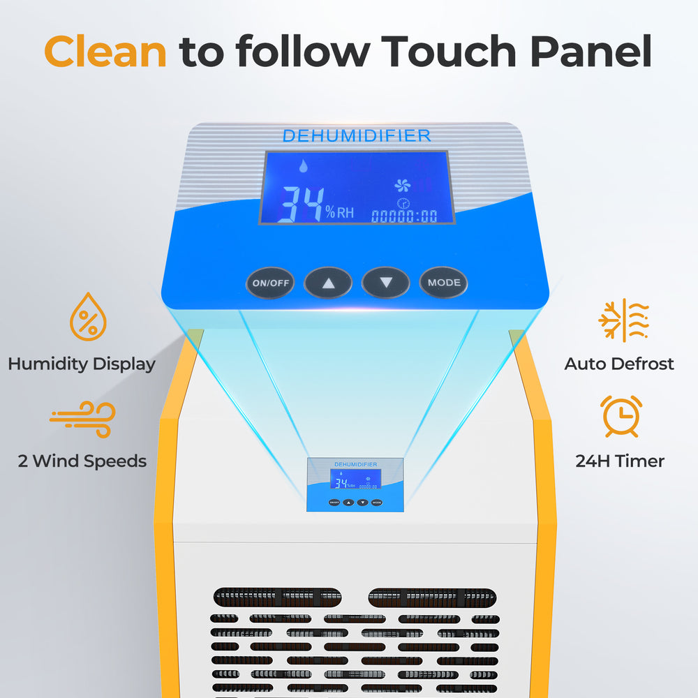 Clean touch panel of the 290 Pints Commercial Dehumidifier with humidity display and adjustable settings for large.