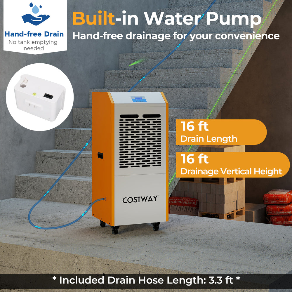 290 pints commercial dehumidifier with built-in pump, 16 ft drain length, ideal for basements and large spaces.