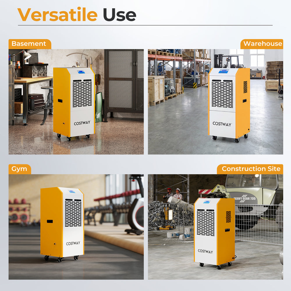 290 pints commercial dehumidifier in yellow, designed for versatile use in basement, warehouse, gym, and construction.