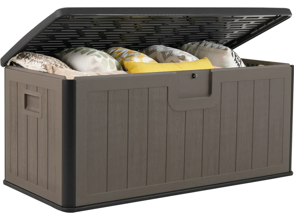 Large deck box in black and brown, made of weatherproof HDPE, ideal for storing pillows and garden tools outdoors.