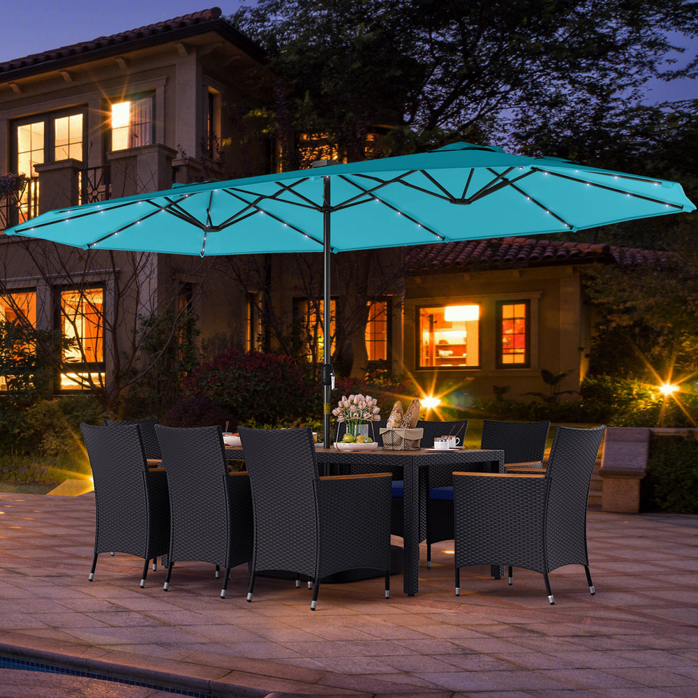 11 Pieces Patio Dining Set with LED Patio Umbrella with Base and Seat Cushions (Navy)-Turquoise - Gallery View 1 of 6