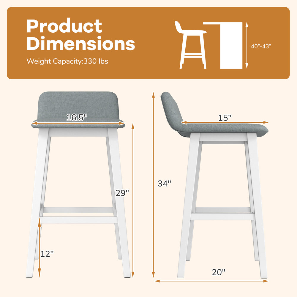 29-inch low-back high-top chair with padded seat, rubber wood legs, and ergonomic design for kitchen or dining use.