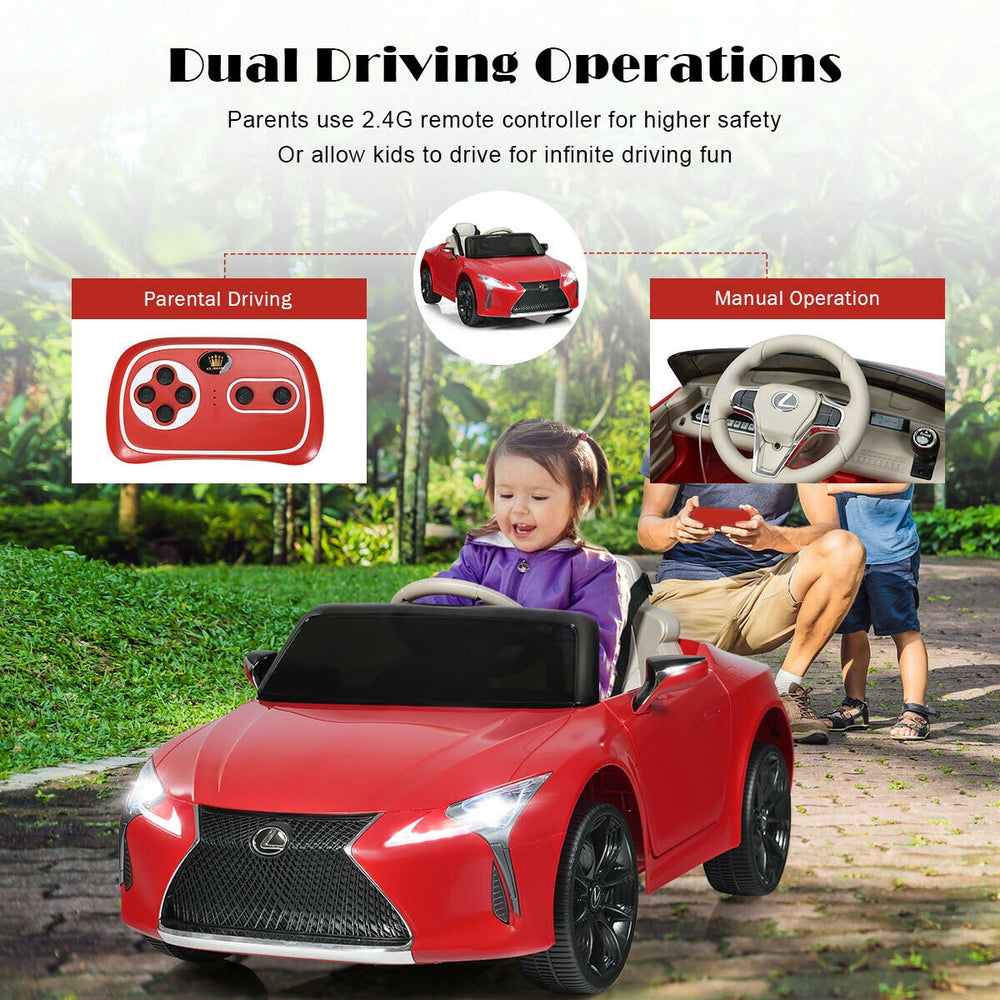 Kids ride-on Lexus LC500 in red with remote control, featuring parental driving mode and manual operation for fun.
