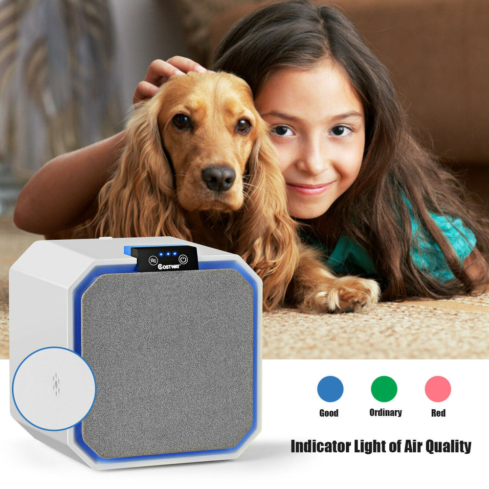 Desktop HEPA air purifier with touch panel, 3 fan speeds, and air quality indicator, ideal for home and office use.