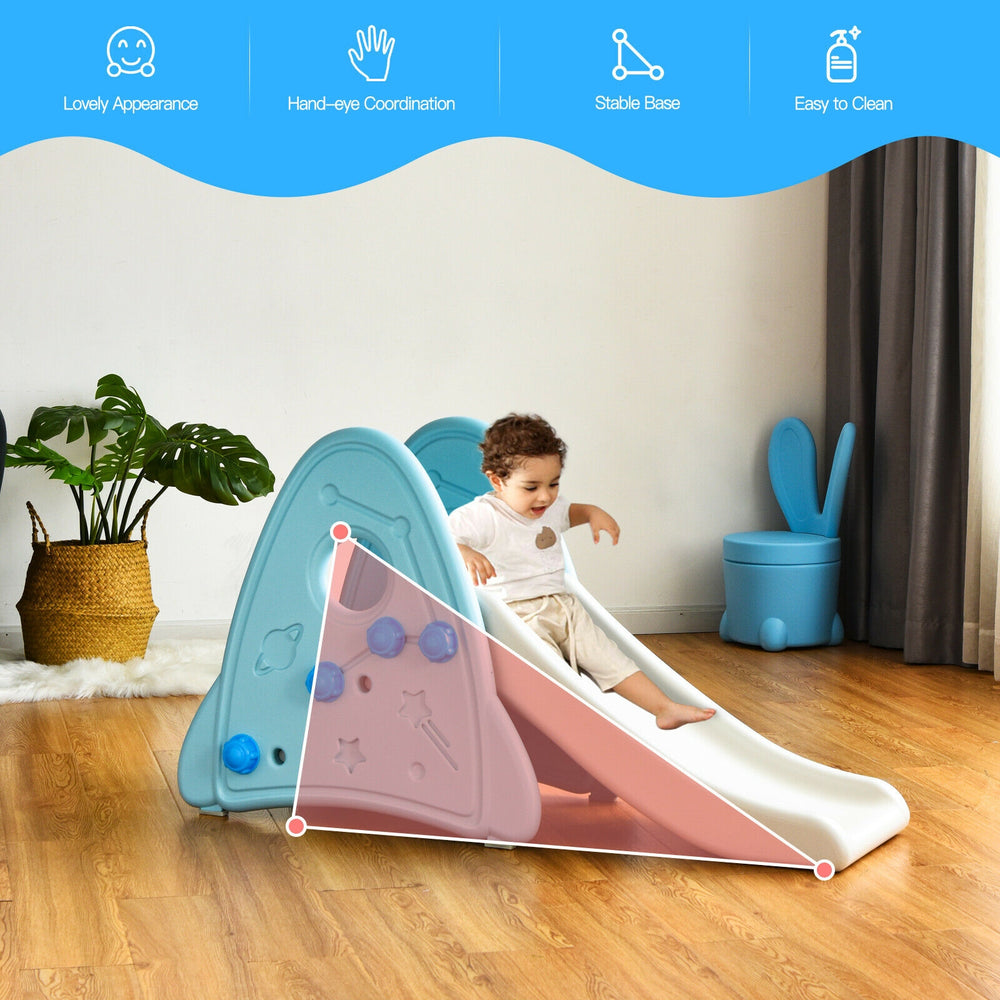 Freestanding baby slide in blue with anti-skid steps and stable triangular design for safe indoor play.