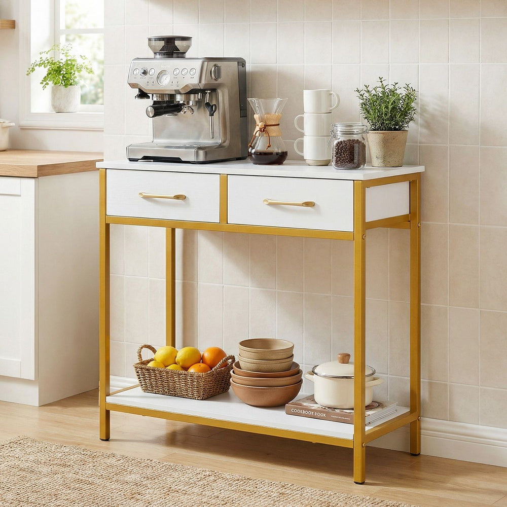 Narrow console table with two fabric drawers and open shelf, featuring a white finish and gold metal frame for versatile storage.