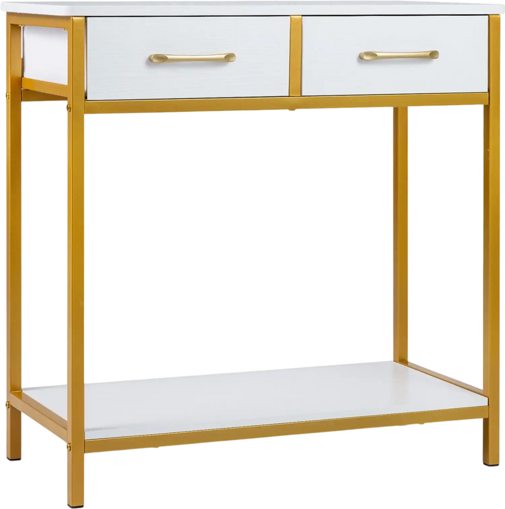 Narrow console table with two fabric drawers and open shelf, featuring a sturdy metal frame and modern industrial design.