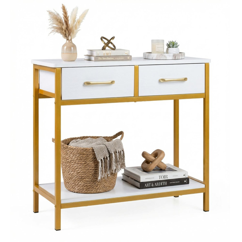Narrow console table with two fabric drawers and open shelf, featuring a sturdy metal frame for versatile storage solutions.
