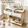 Narrow console table with spacious top, two fabric drawers, and open compartment for versatile storage in tight spaces.