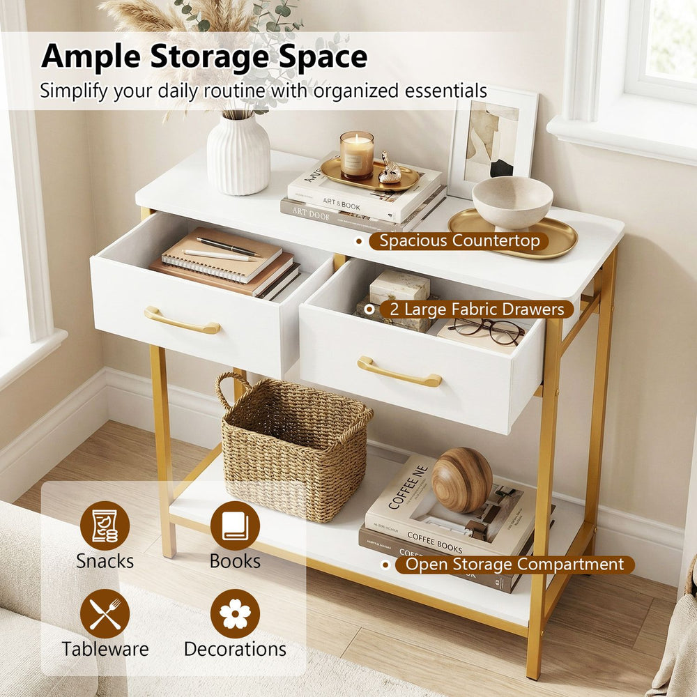 Narrow console table with spacious top, two fabric drawers, and open compartment for versatile storage in tight spaces.