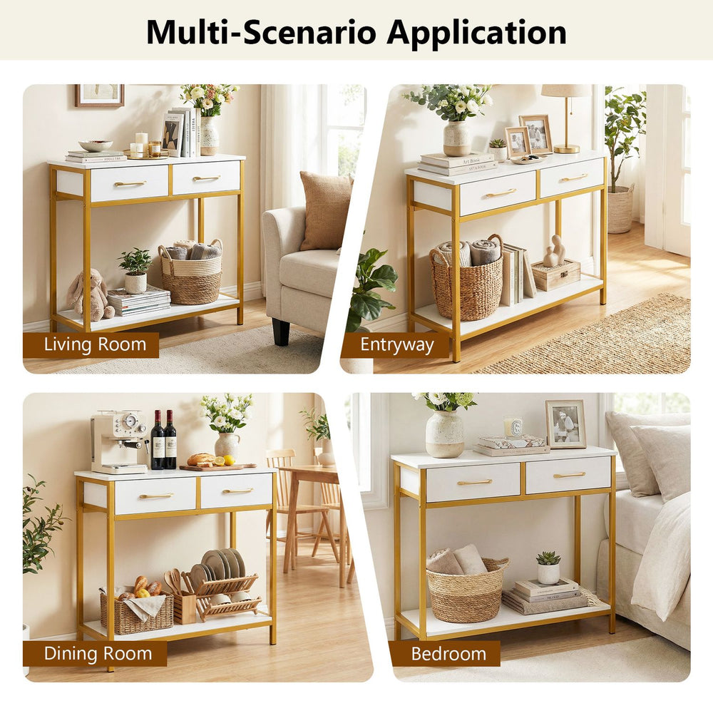 Narrow console table with 2 fabric drawers and open shelf, ideal for entryways or living rooms, featuring a white finish.
