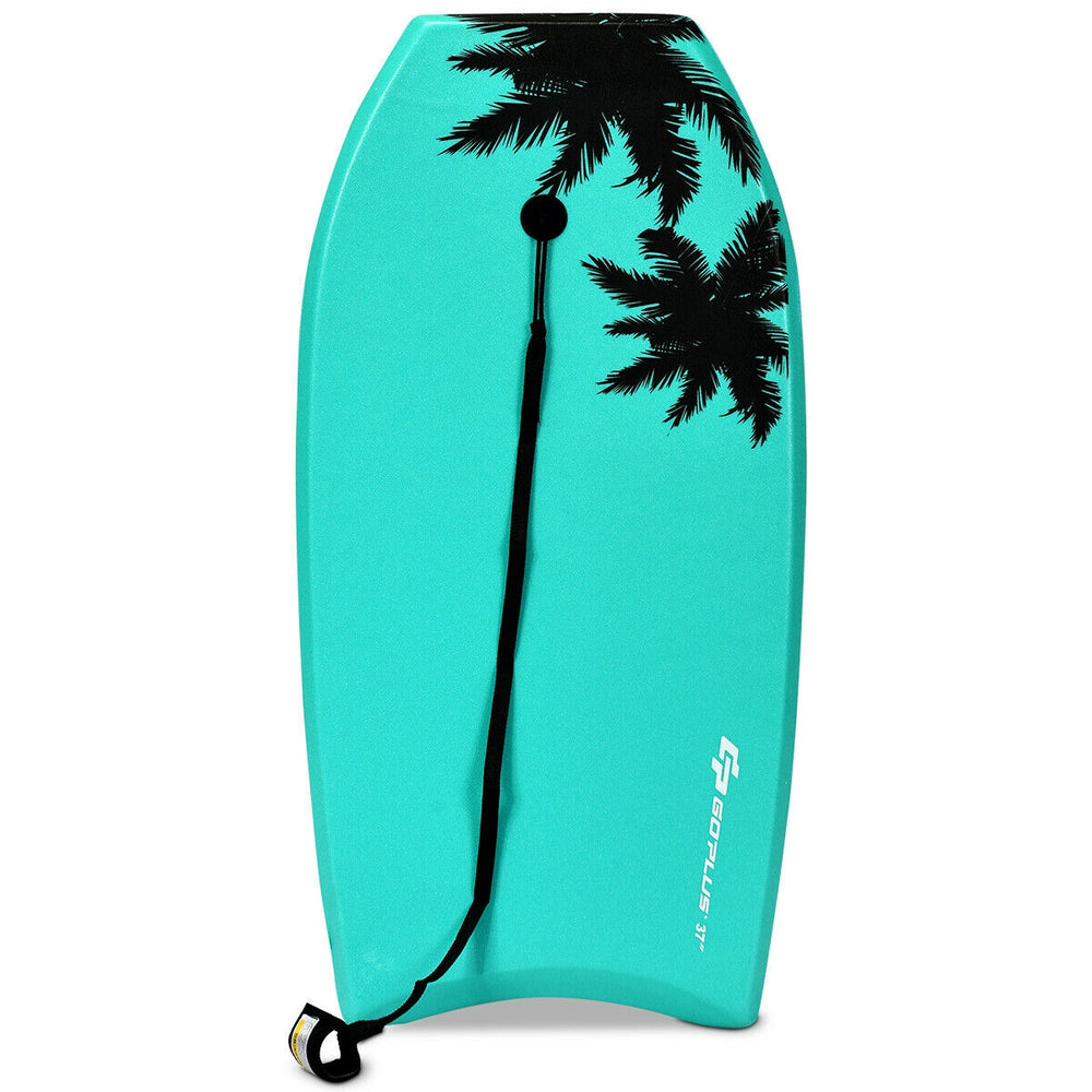 Lightweight 33-inch bodyboard in turquoise with palm tree design, featuring EPS core and leash for safe surfing.