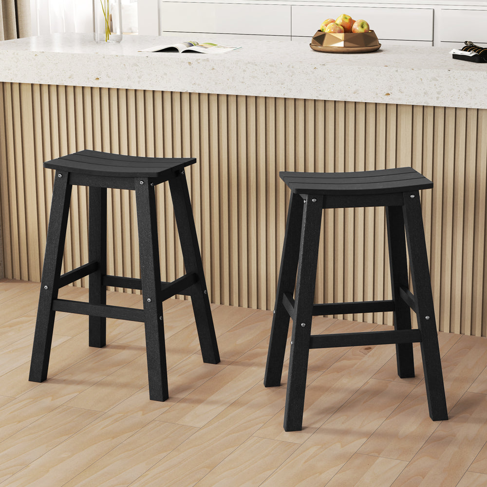 Set of 2 black 29-inch HDPE patio bar stools with curved seats, ideal for outdoor relaxation at bar height tables.