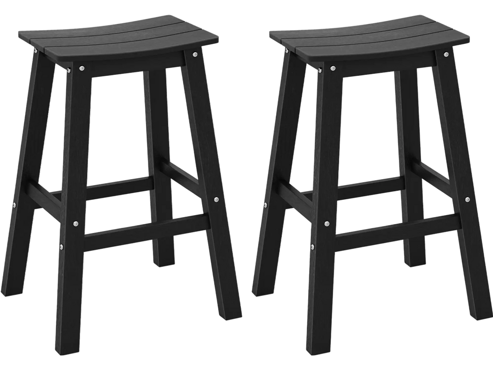 Black 29-inch HDPE patio bar stool set of 2 with curved seats and footrests, perfect for outdoor relaxation.