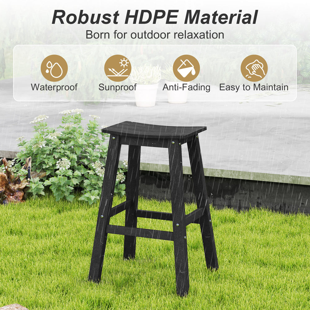 Black 29-inch HDPE patio bar stool with slatted seat and footrests, perfect for outdoor relaxation and easy maintenance.