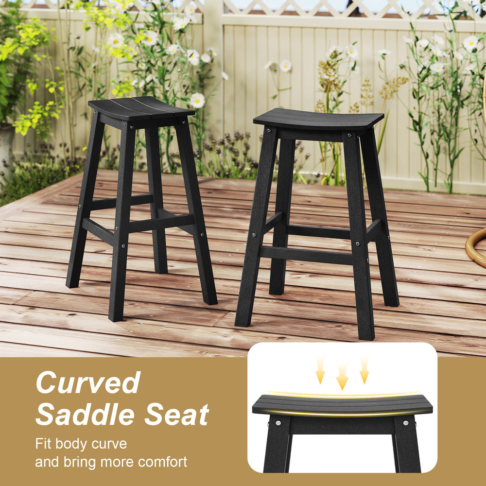 Black 29-inch HDPE patio bar stool set of 2 with curved saddle seats, ideal for outdoor relaxation on balconies or.