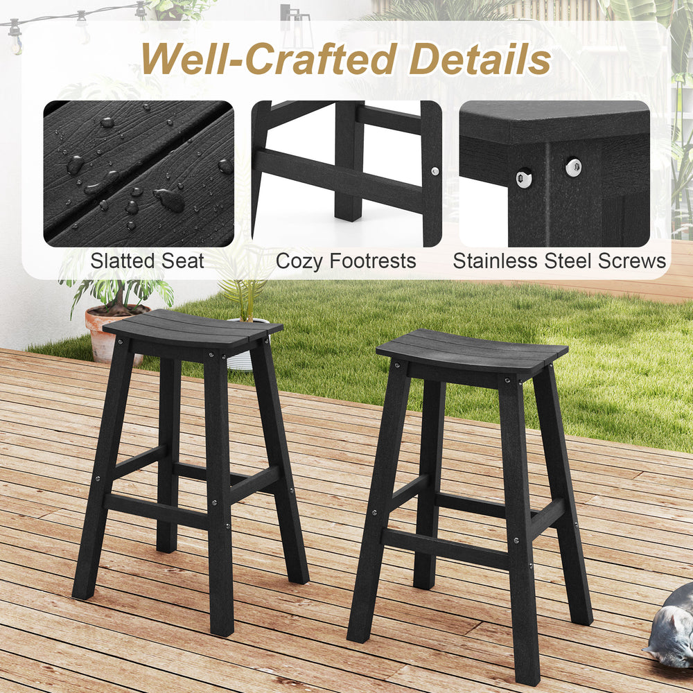 Black 29-inch HDPE patio bar stools with slatted seats and stainless steel screws, perfect for outdoor relaxation.