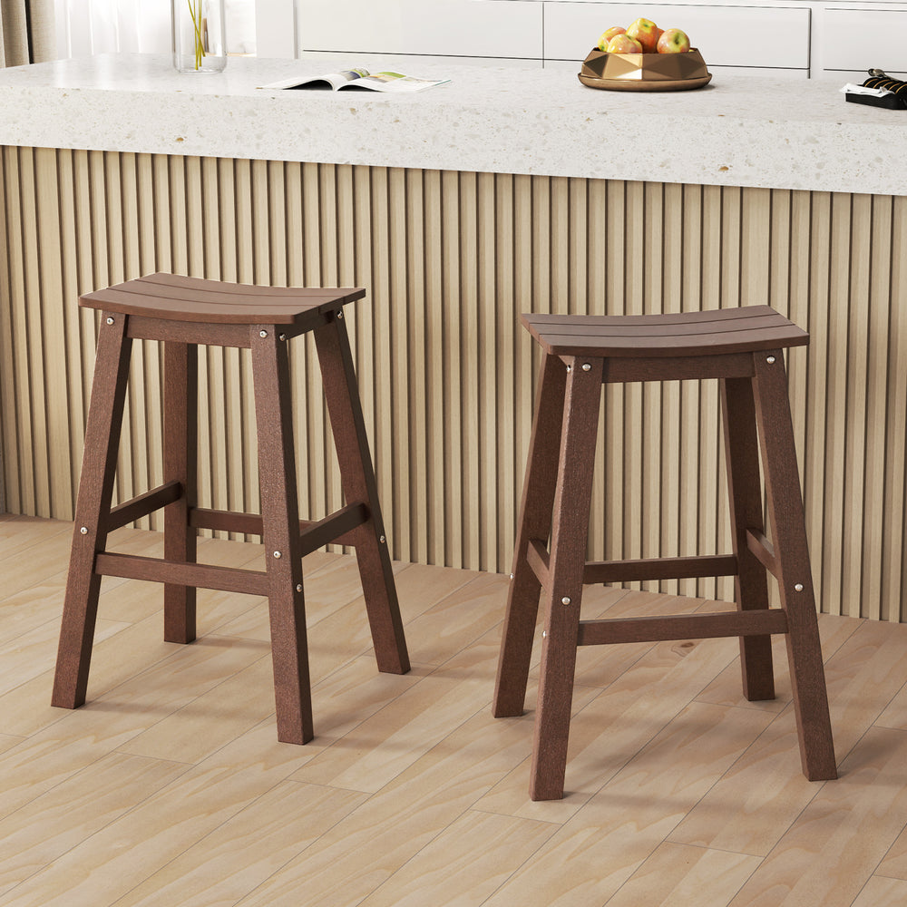 29 Inch HDPE Patio Bar Stool Set of 2 Armless Saddle Stools-Brown - Gallery View 1 of 8