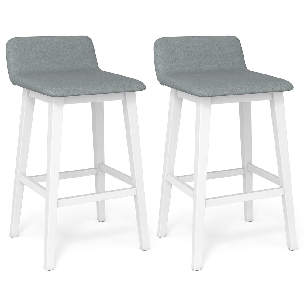 Set of two 29-inch low-back high-top chairs with padded seats and white rubber wood legs, ideal for dining or home bar.