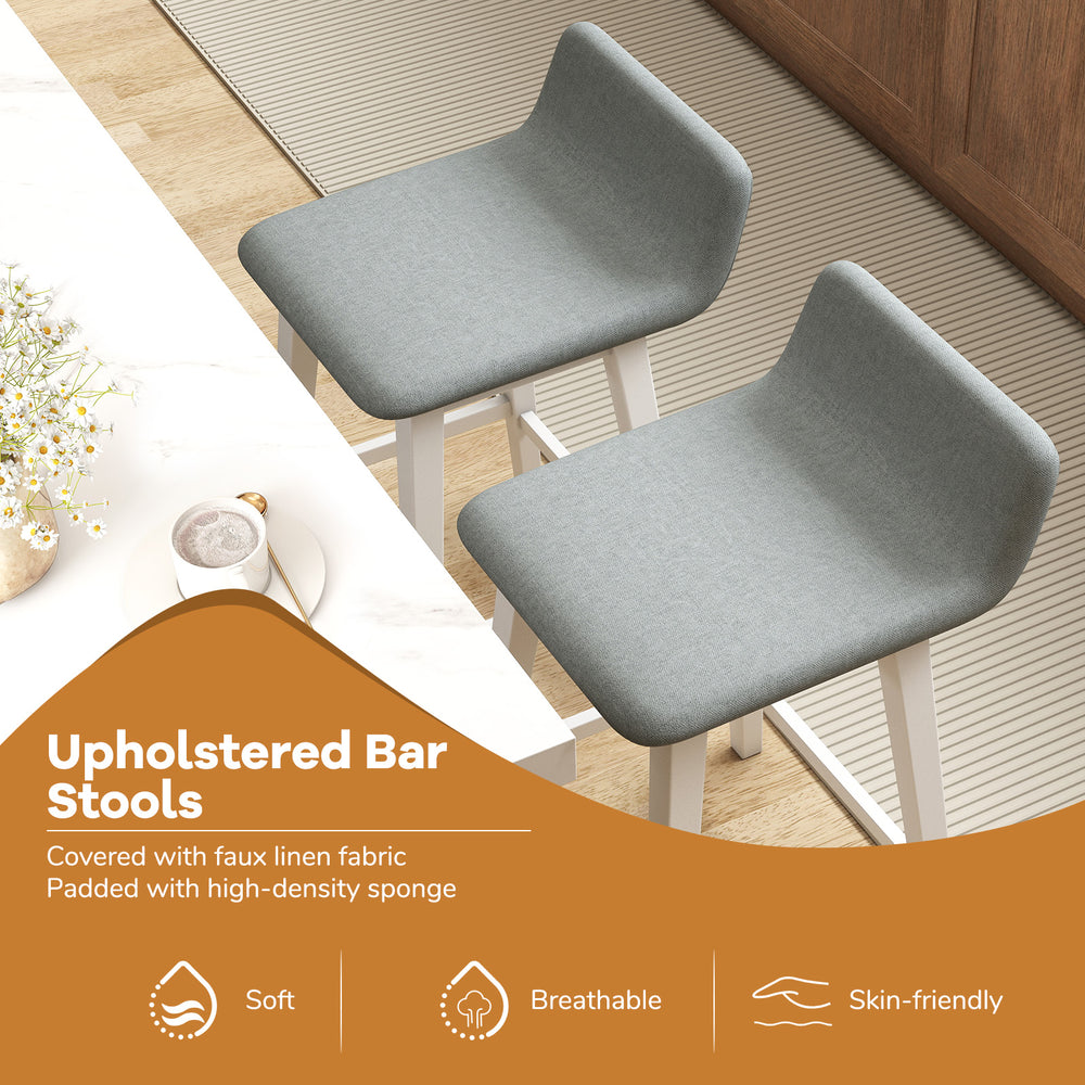 Low-back upholstered bar stools with padded seats, faux linen fabric, and rubber wood legs for kitchen or dining use.