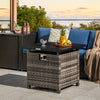 29-inch propane rattan firepit table in gray with lava rocks, transforming into a coffee table for versatile outdoor.