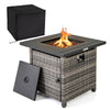29-inch gray propane rattan firepit table with lava rocks and protective cover, perfect for outdoor warmth and style.