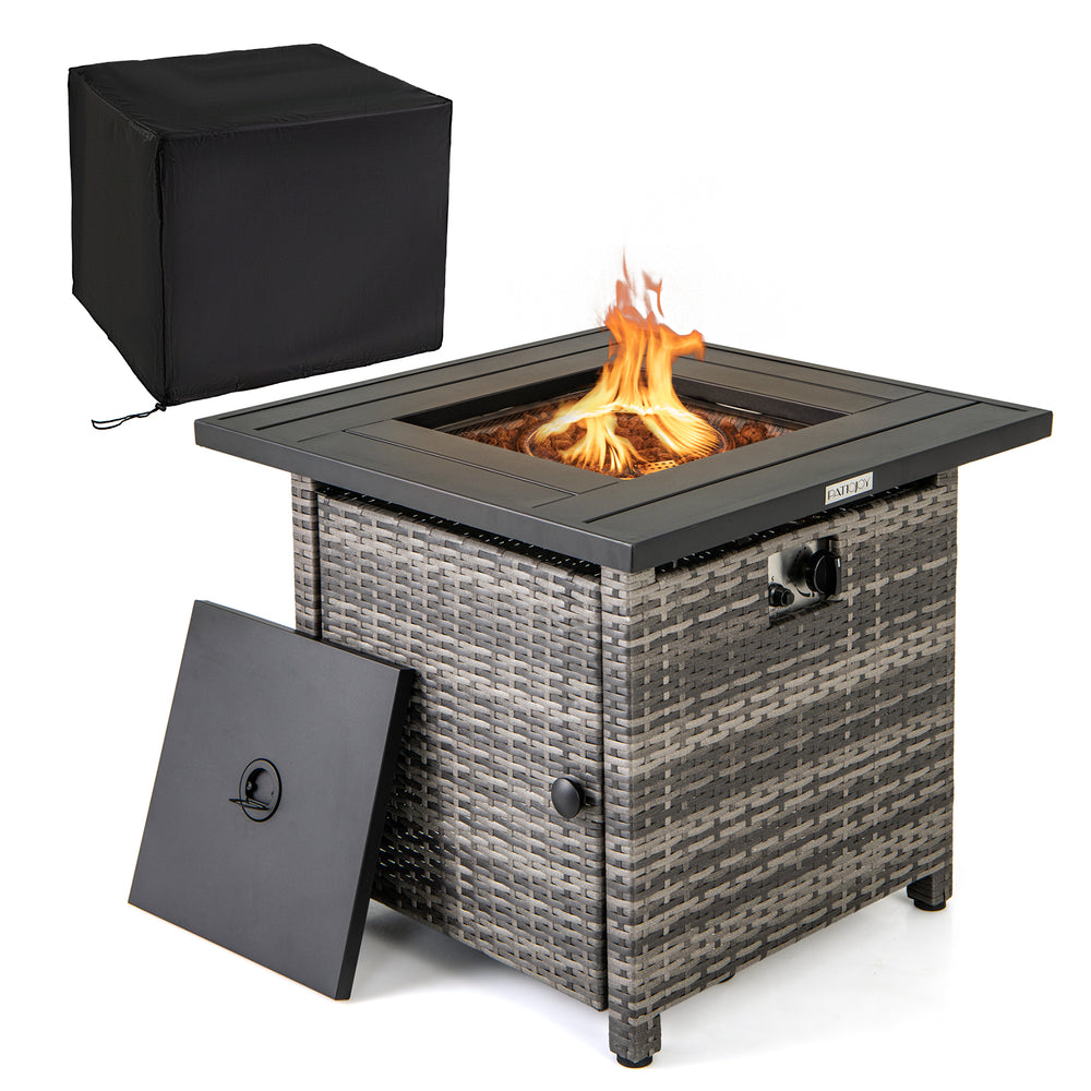 29-inch gray propane rattan firepit table with lava rocks and protective cover, perfect for outdoor warmth and style.