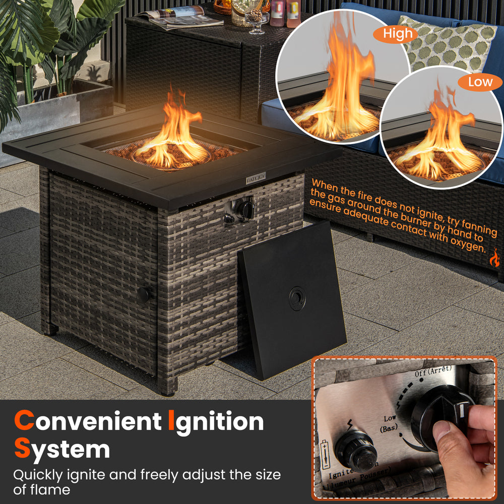 29-inch gray propane rattan firepit table with lava rocks, featuring adjustable flame control and protective cover for.