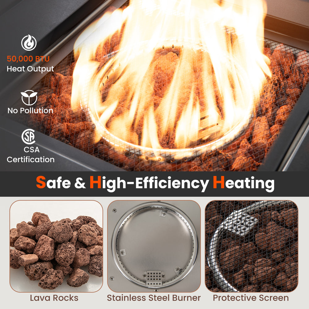 29-inch propane firepit table with lava rocks, gray rattan exterior, 50,000 BTU output, and protective cover for.