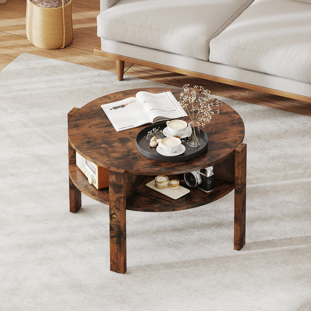 29.5 Inch Round Coffee Table with Storage Shelves for Small Space-Rustic Brown - Gallery View 1 of 10