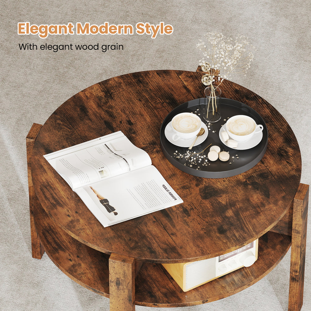 Round coffee table in rustic brown with storage shelves, featuring a smooth surface and elegant wood grain for small.
