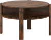 Round coffee table in rustic brown with storage shelves, ideal for small spaces and featuring a smooth surface.