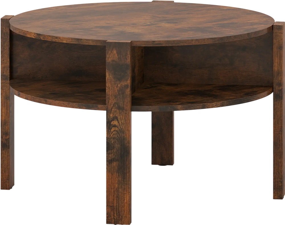 Round coffee table in rustic brown with storage shelves, ideal for small spaces and featuring a smooth surface.