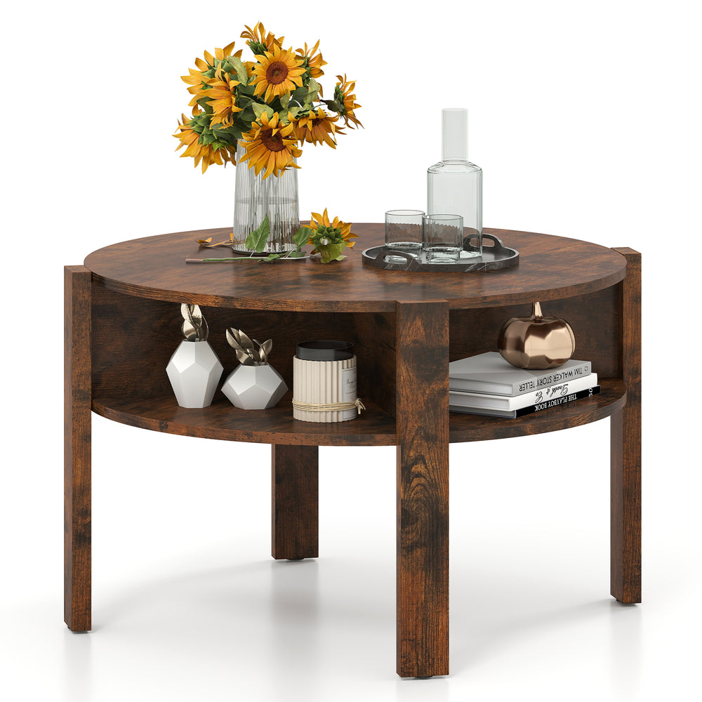 Round coffee table in rustic brown with storage shelves, perfect for small spaces and stylish living room decor.