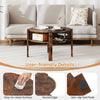 Round coffee table in rustic brown with storage shelves, easy-to-clean surface, and non-slip foot pads for stability.