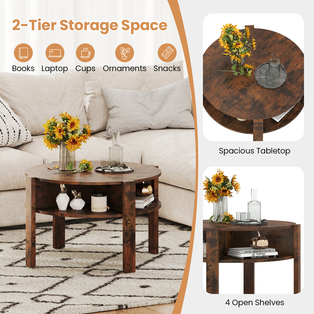 Round coffee table with rustic brown finish, featuring spacious tabletop and 4 open shelves for small space storage.