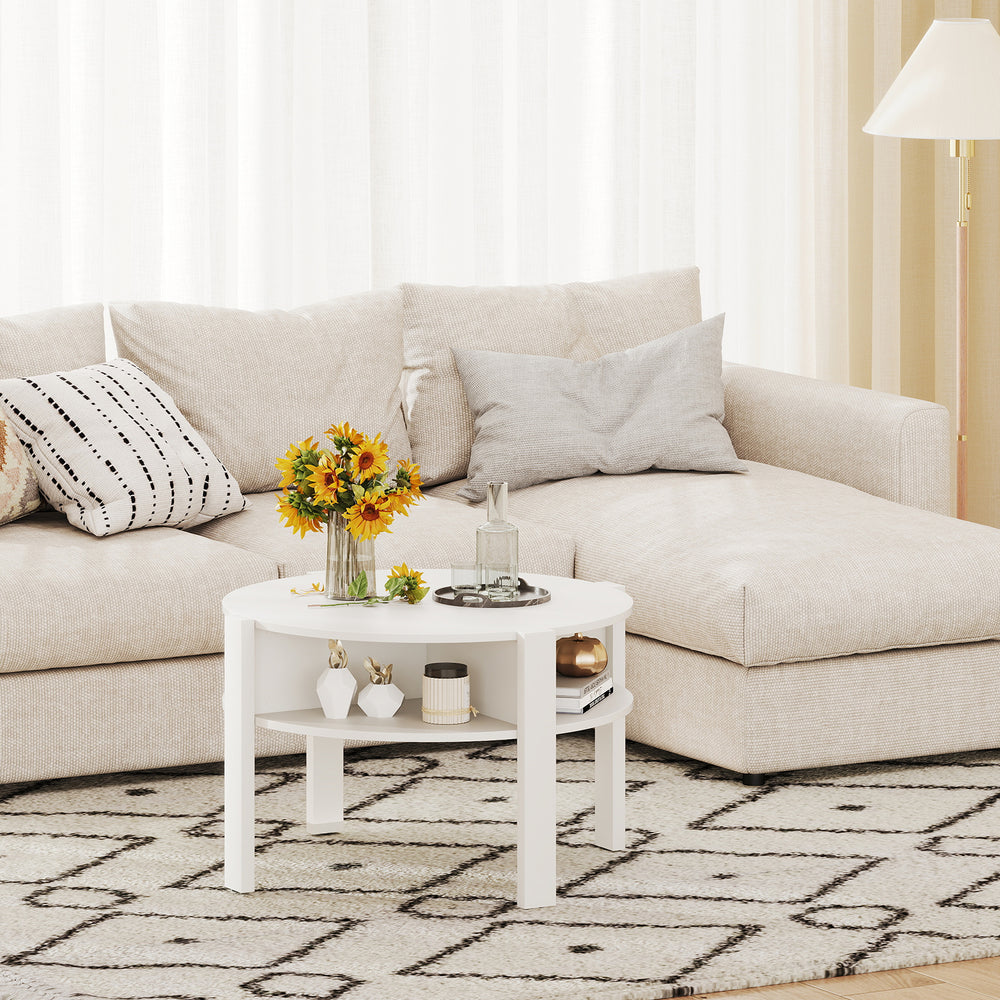 29.5 Inch Round Coffee Table with Storage Shelves for Small Space-White - Gallery View 1 of 10