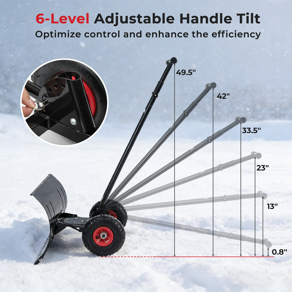 29-inch heavy-duty metal snow pusher with adjustable handle tilt and large rubber wheels for efficient snow clearing.